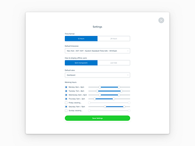 Timezones - Settings form fullscreen overlay settings slider switch