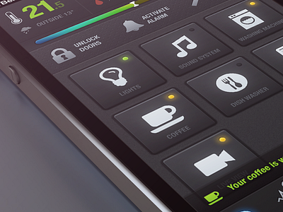 Home Control black buttons dark dashboard grey ios iphone notification retina stats