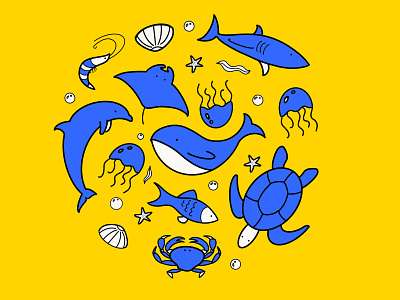 Sea spirits animal blue cartoon composition design fish happy illustration minimalillustration minimalism sea turtle whale yellow