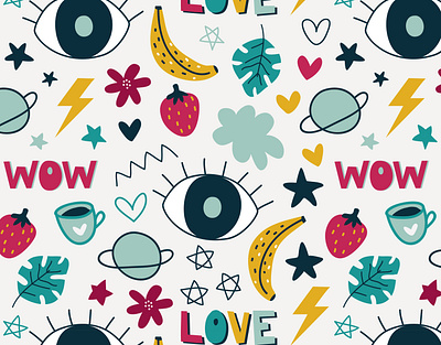 Cute doodle pattern backdrop background banana banner cloud eyes girl girly handdrawn hearts leave love paper stars teen vector wallpaper wow wrapping paper