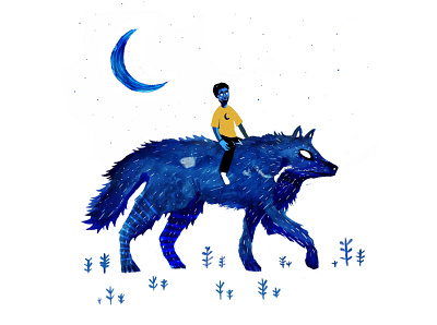 The Wolf and the Boy boy character design fantasy illustration moon nature procreate watercolor illustration wolf