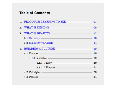 Table of Contents book codepen dot leaders index summary table of contents