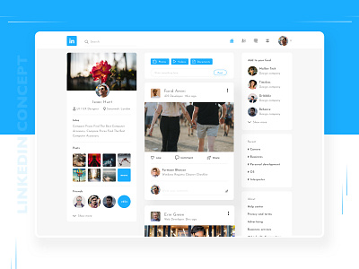 Linkedin concept app blue card view cards concept dashboard design linkedin list minimal profile redesign search social social media tags ui ux web app web page