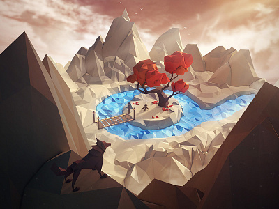 Abandoned Camp Site v2 3d abstract art environment illustration landscape low poly lowpoly mountain paper polygon river