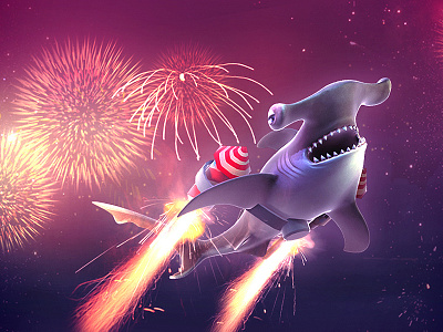 Fireworks Shark 3d app design digital fireworks game happy holiday illustration ios pink shark