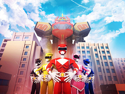 Power Rangers 3d buildings fanart flat illustration lowpoly mech megazord power rangers robot sentai superhero