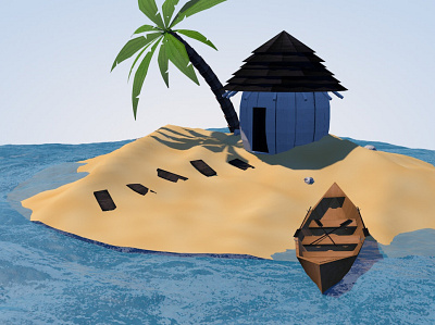 3D Island 3d c4d hut island palm tree rowboat
