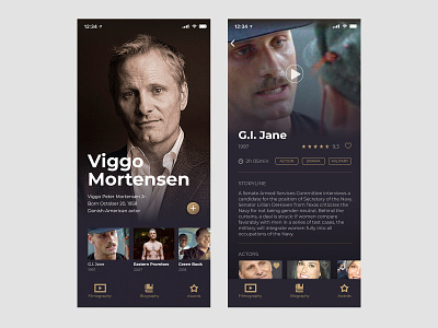 Viggo Mortensen card dark design gold golden ios mobile mobile design mobile ui movie movie app storyline ui uiux viggo mortensen