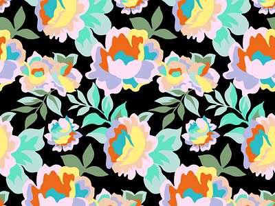 Rainbow Roses pattern in black bright colorful design fabric design graphic art repeat pattern surface pattern design textile design
