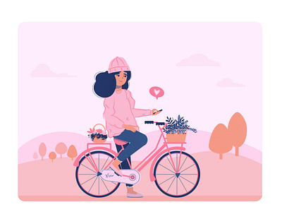 A message for you - Bicycle girl background bicycle character design design flat design flat illustration flowers girl heart illustration meassage nature phone pink tree vector artwork