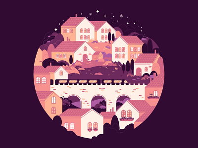 Bright Town background cute design flat design flat illustration flowers hills houses illustration illustration art illustrator nature night stars town vector vector artwork