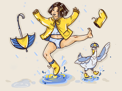 Boogie-woogie in the rain. character children dance digital drawing goose illustration procreate rain