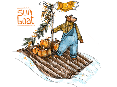 Sun boat animal artwork autumn bear character childrens illustration digital drawing graphic illustration procreate