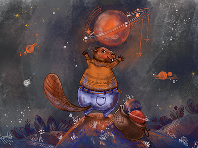 Time to collect planets animal artwork artworks character childrens illustration digital drawing graphic illustration illustration art procreate sketch stars