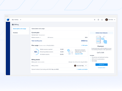 Subscription and usage page billing details dashboard design instabug pricing subscription page ui usage page ux