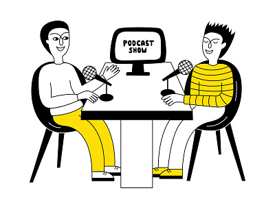 Podcast show black boy doodle illustration man microphone new online podcast radio show studio