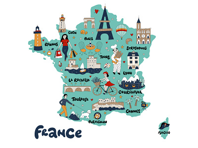 France map background city country doodle famous france illustration location map paris places tourist travel vector