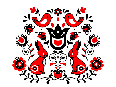 Scandinavian style art black design doodle floral flower folk art illustration nordic norway ornament rabbit red scandinavian scandinavian design sweden
