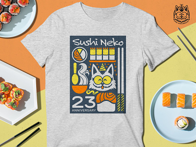 Sushi Neko Anniversary Shirt apparel art design digital art food illustration illustrator merch restaurant sushi tshirt