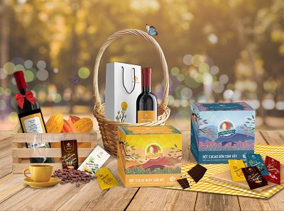 Nhat Nguyet Cacao product set branding cacao chocolat chocolate cocoa cocoapowder design digital graphic design illustration packaging wine