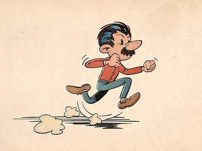 Running cartoon character comic grunge ink moustache old paper retro running spirou vintage