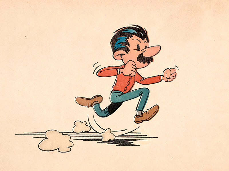 Running retro vintage old cartoon comic running character spirou ink grunge paper moustache