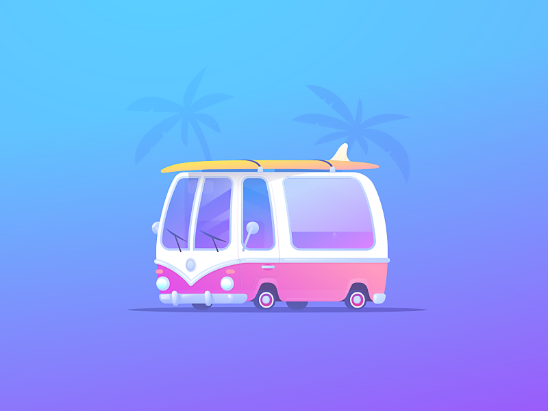Surf Roadtrip wv illustrator palm trees vector gradients summer car van westfalia standup paddle board surf