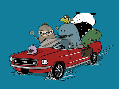 Monsters on a road trip bird car cartoon characters monsters panda shirt