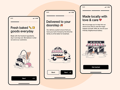 Bakery Delivery App - Onboarding aesthetic app bakery clean cute dailyui dailyy ui design flat colors flat colours illustration ios mobile mobile app onboarding pastel simple ui uiux user interface