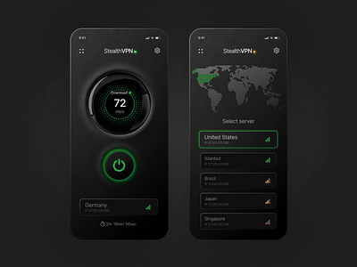 StealthVPN - VPN App Concept aesthetic app black clean dailyy ui dark dark theme dark ui design futuristic minmal mobile modern night mode security simple skeuomorphic ui user interface vpn