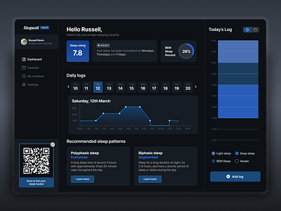 Sleepwell - Sleep tracker dashboard design - Dark mode