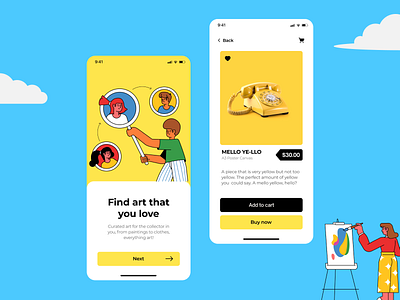 Art store - Mobile app concept aesthetic app art blue bright buy cartoon clean colorful design ecom minimal mobile onboarding playful store ui yellow