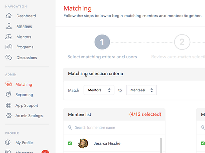 Mentor Matching matching mentor preview sketch steps user interface web app wip