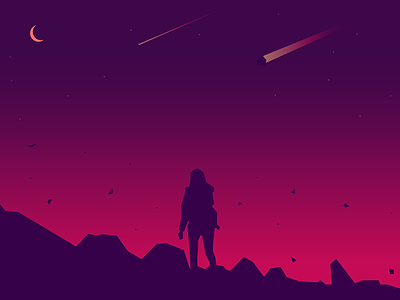 Before The End girl illustration meteor moon pink silhouette sky