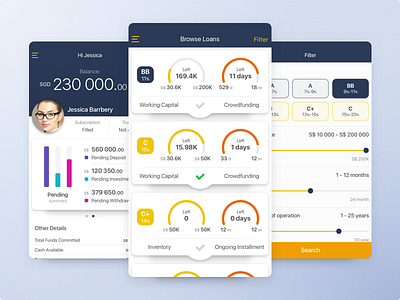 Finance app cards filter finance ios mobile profile summary