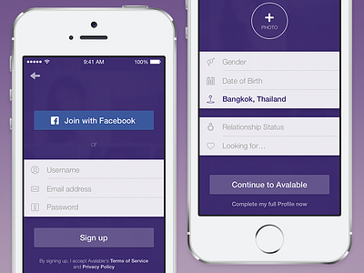 Avalable - Sign up form forms ios ios7 purple signup