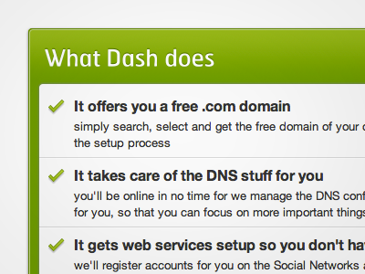 Features list dash features green table