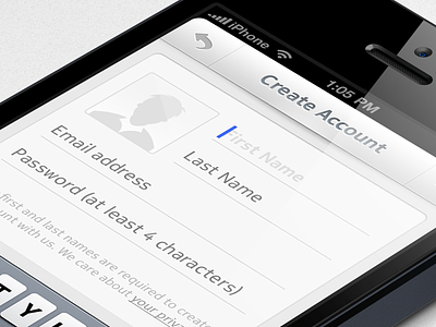 Create Account app dcovery form grey ios iphone