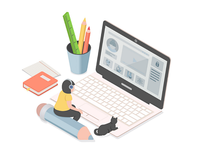 Distance education distance education girl homework illustration isometric learning lesson online school student