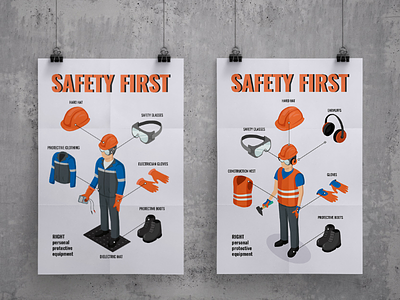 Work safety posters banner illustration industrial industry isometric npp nuclear power station personal protective equipment poligraphy poster ppe vector work safety