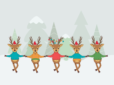 Dancing deers 2d cartoon character child christmas deers illustration new year vector winter