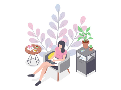 Home office 2d design freelance girl home office illustration isometric isometry remote work vector