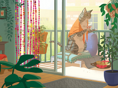 Balcony Porch animal illustration apartments cat art cat illustration cats cities city life cozy illustration plant illustration plants urban