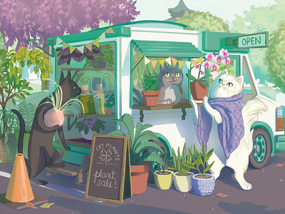 Cats Buying Plants animal illustration animals cat art cat illustration cats cute animal art illustration picturebook plant illustration plant trucks plants storybook trucks whimsical animals