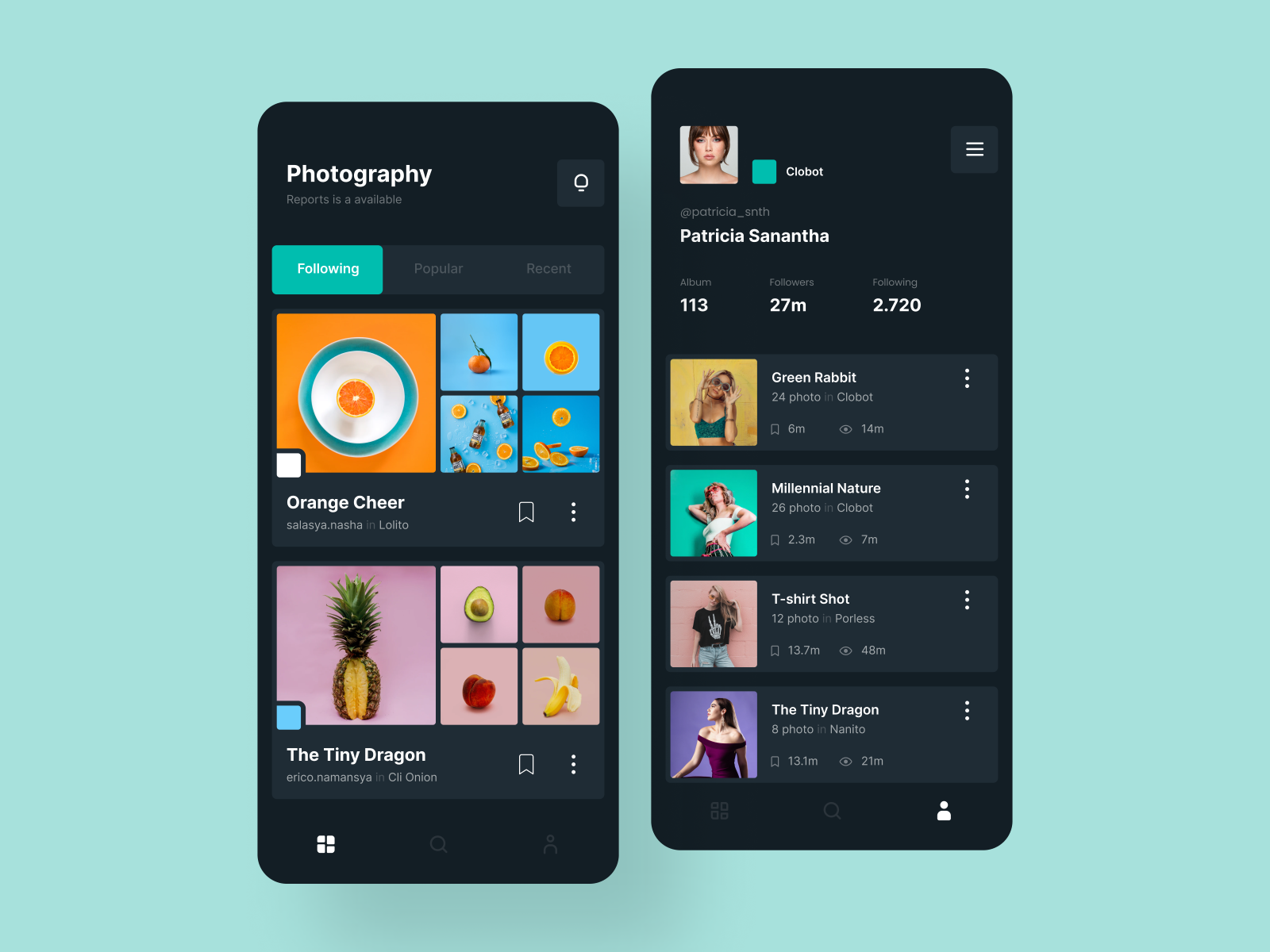 Photography Aplication dark theme profile photography app ux mobile apps ui design