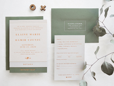 Elaine + Damir — Wedding Suite branding catskills copper copper foil letterpress monogram rustic wedding wedding invite