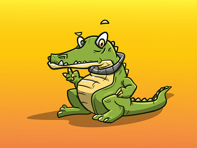 Crocodile with a tire on his neck