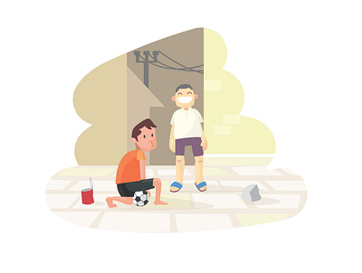 kids playing football on street apologize boy cartoon character child design flat football illustration kids kids illustration laugh play soccer street vector