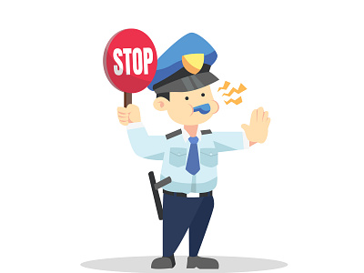 Policeman Character Design character cute design flat friendly fun gesture illustration law man cartoon officer police policeman stand stop traffic vector whistle