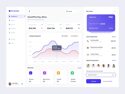 Fin Growth - Dashboard app bank card chart clean credit card dashboard dashboard ui debit card design design ui finance ui uiux user experince user interface web app web ui website